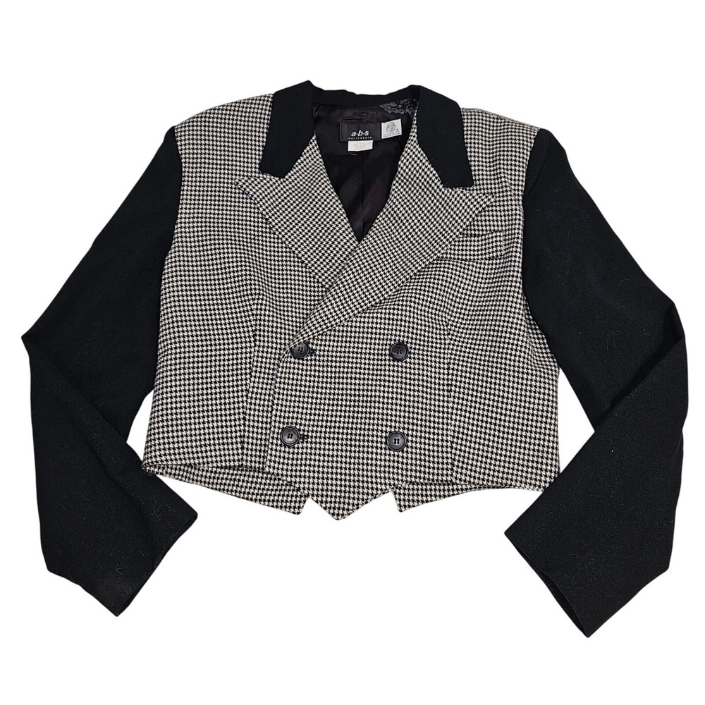 90s Vintage Statement Blazer Houndstooth Cropped Wool Goth‎ Black White Made USA - Picture 2 of 8